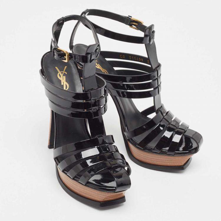 Pre Owned Saint Laurent Black Patent Leather Tribute Woodstock Sandals Size 38.5