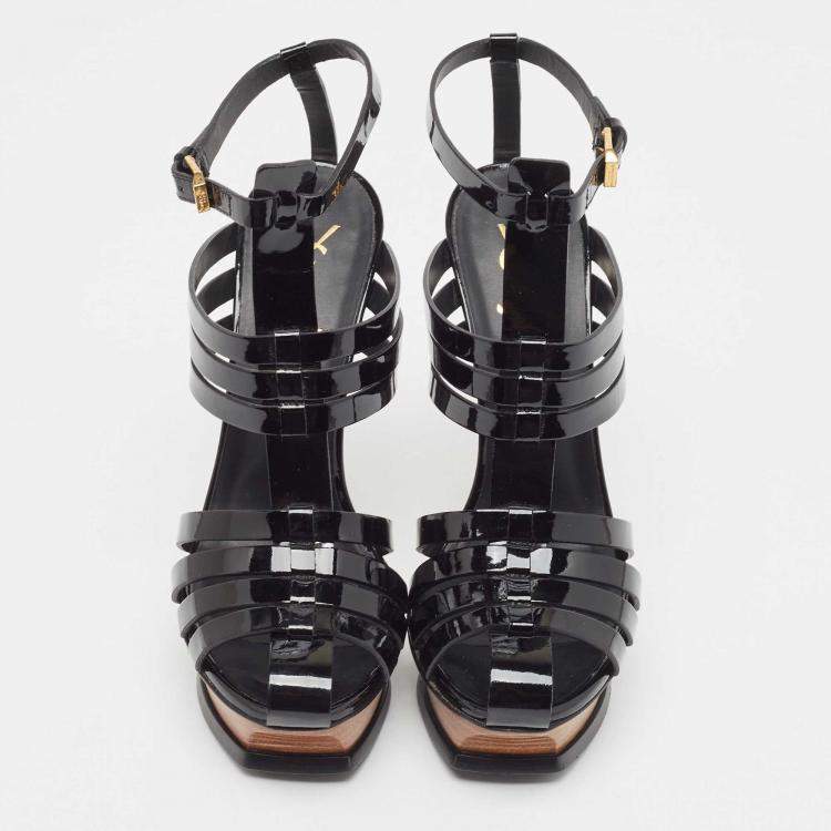 Pre Owned Saint Laurent Black Patent Leather Tribute Woodstock Sandals Size 38.5