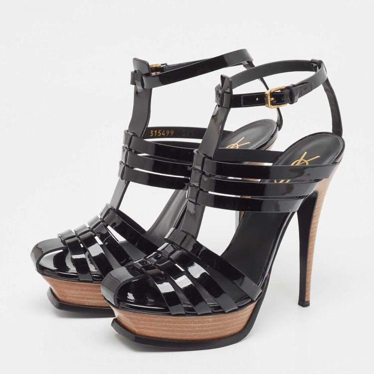 Pre Owned Saint Laurent Black Patent Leather Tribute Woodstock Sandals Size 38.5