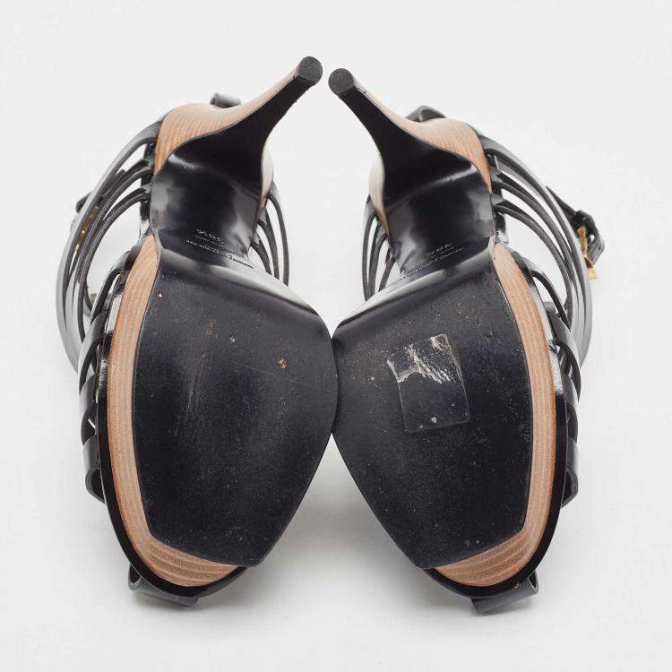 Pre Owned Saint Laurent Black Patent Leather Tribute Woodstock Sandals Size 38.5
