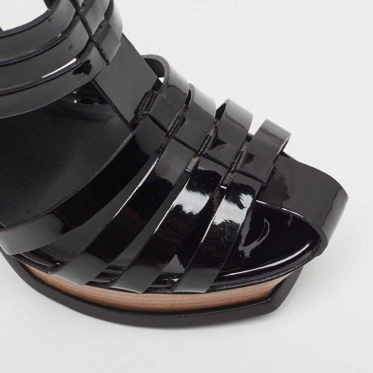 Pre Owned Saint Laurent Black Patent Leather Tribute Woodstock Sandals Size 38.5
