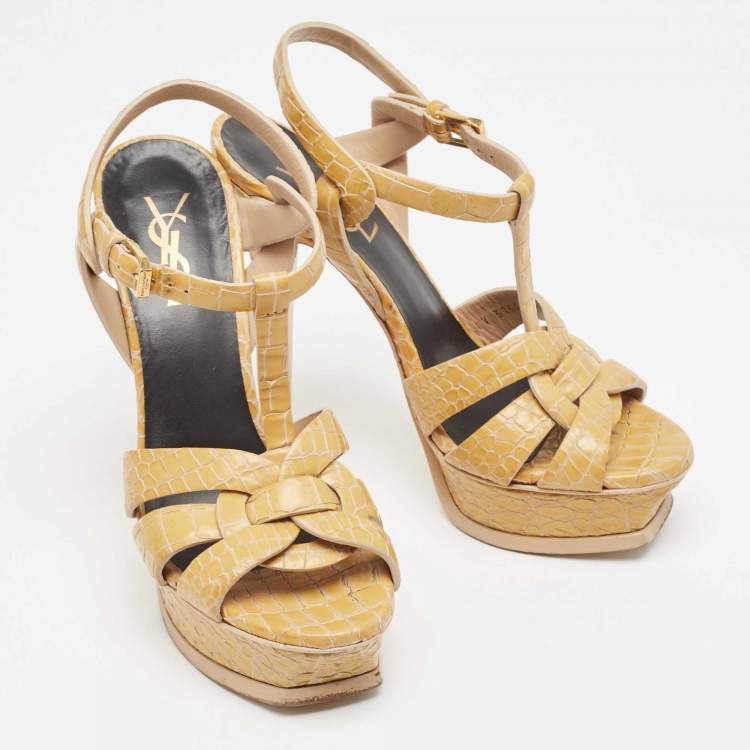 Pre Owned Saint Laurent Yellow Croc Embossed Leather Tribute Sandals Size 36.5