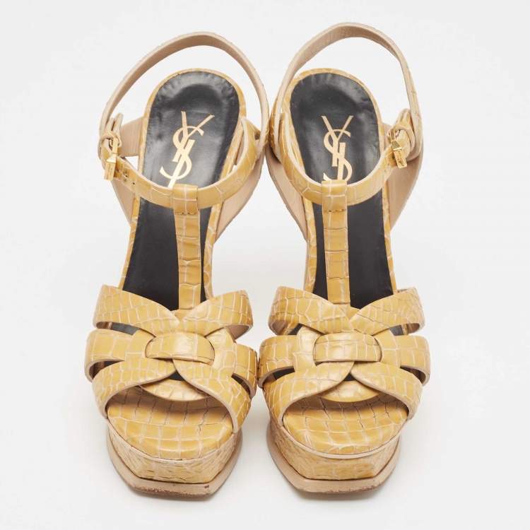 Pre Owned Saint Laurent Yellow Croc Embossed Leather Tribute Sandals Size 36.5