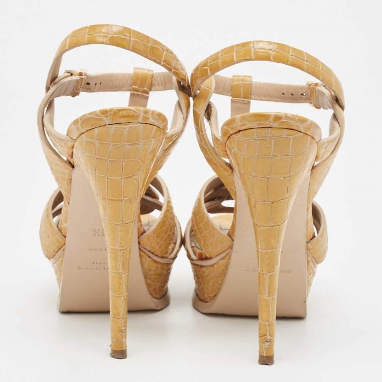 Pre Owned Saint Laurent Yellow Croc Embossed Leather Tribute Sandals Size 36.5