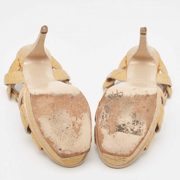 Pre Owned Saint Laurent Yellow Croc Embossed Leather Tribute Sandals Size 36.5