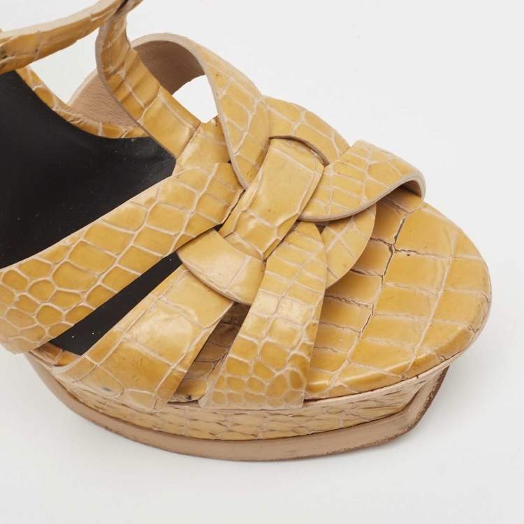 Pre Owned Saint Laurent Yellow Croc Embossed Leather Tribute Sandals Size 36.5