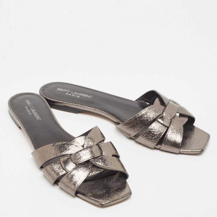 Pre Owned Saint Laurent Metallic Leather Tribute Flat Slides Size 40.5  