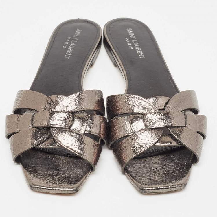 Pre Owned Saint Laurent Metallic Leather Tribute Flat Slides Size 40.5  