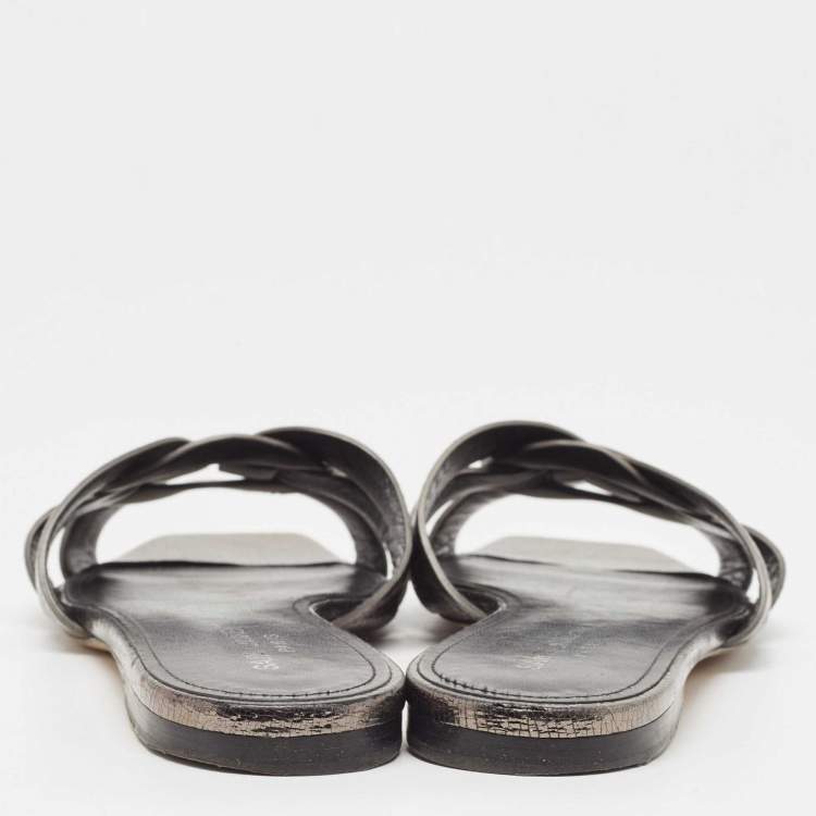 Pre Owned Saint Laurent Metallic Leather Tribute Flat Slides Size 40.5  