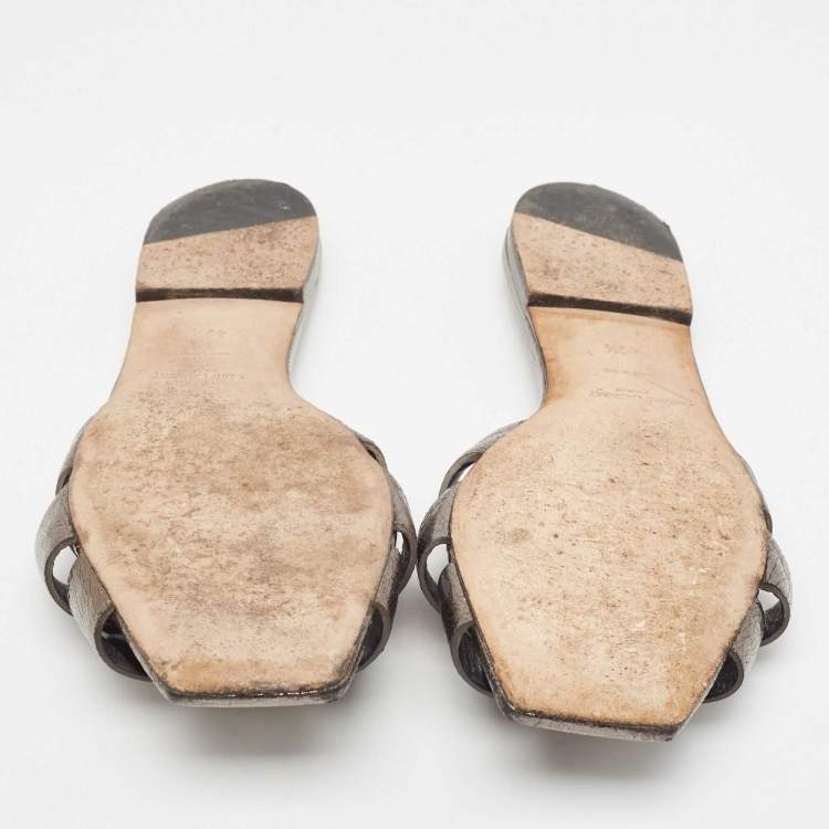 Pre Owned Saint Laurent Metallic Leather Tribute Flat Slides Size 40.5  