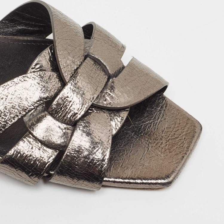 Pre Owned Saint Laurent Metallic Leather Tribute Flat Slides Size 40.5  