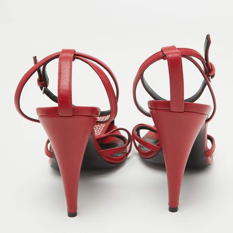 Pre Owned Saint Laurent Red Leather Studded Ankle Strap Sandals Size 38