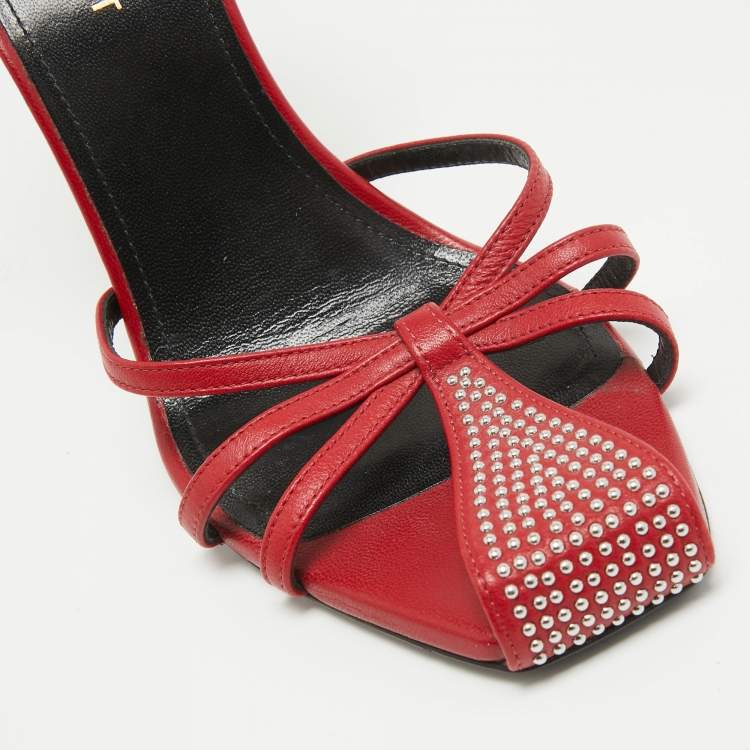Pre Owned Saint Laurent Red Leather Studded Ankle Strap Sandals Size 38