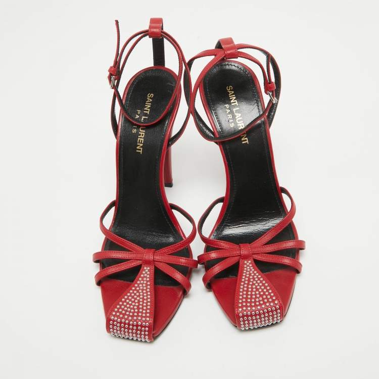 Pre Owned Saint Laurent Red Leather Studded Ankle Strap Sandals Size 38