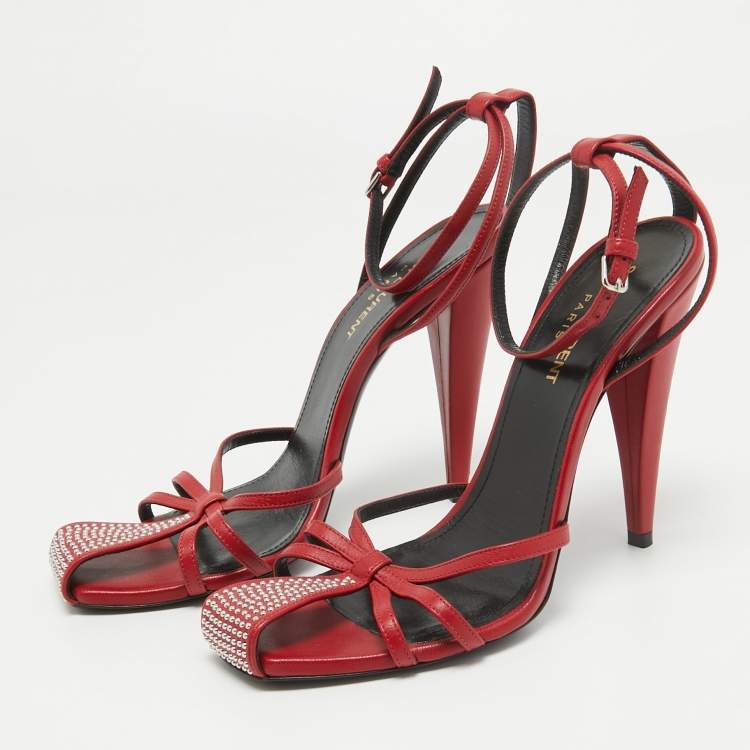 Pre Owned Saint Laurent Red Leather Studded Ankle Strap Sandals Size 38