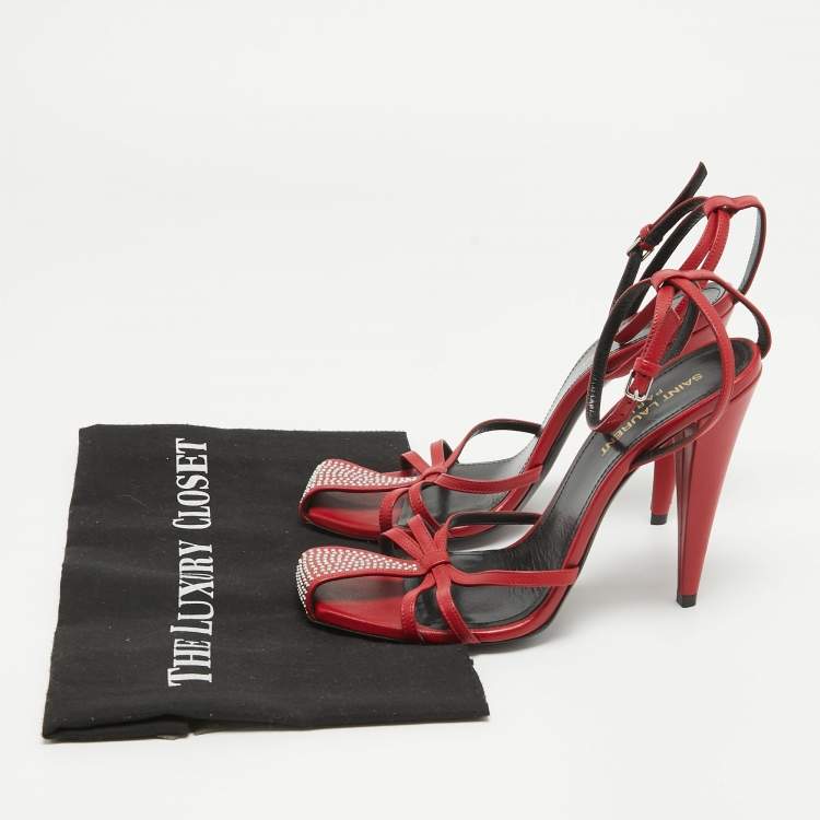 Pre Owned Saint Laurent Red Leather Studded Ankle Strap Sandals Size 38