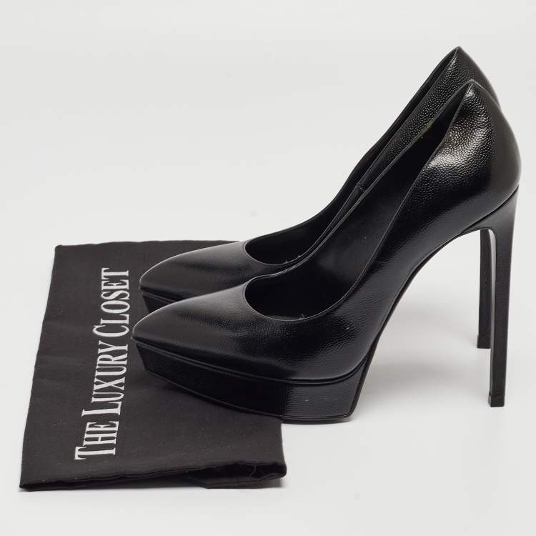 Pre Owned Saint Laurent Black Textured Leather Janis Platform Pumps Size 37