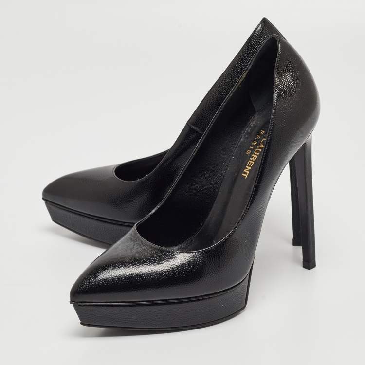 Pre Owned Saint Laurent Black Textured Leather Janis Platform Pumps Size 37