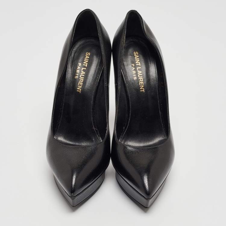 Pre Owned Saint Laurent Black Textured Leather Janis Platform Pumps Size 37