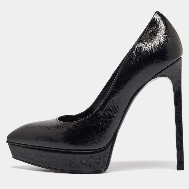 Pre Owned Saint Laurent Black Textured Leather Janis Platform Pumps Size 37