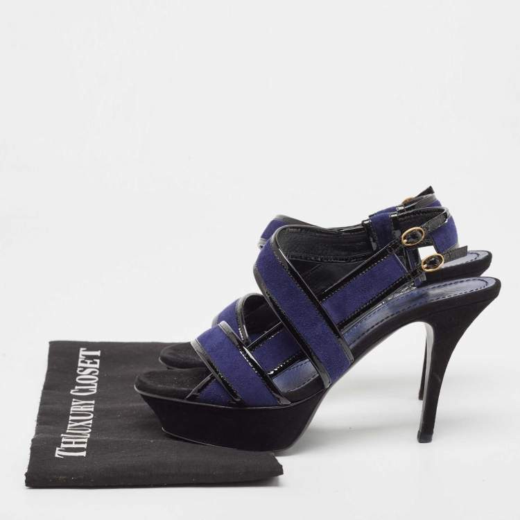 Pre Owned Saint Laurent Navy Blue/Patent Leather Platform Ankle Strap Sandals Size 37.5