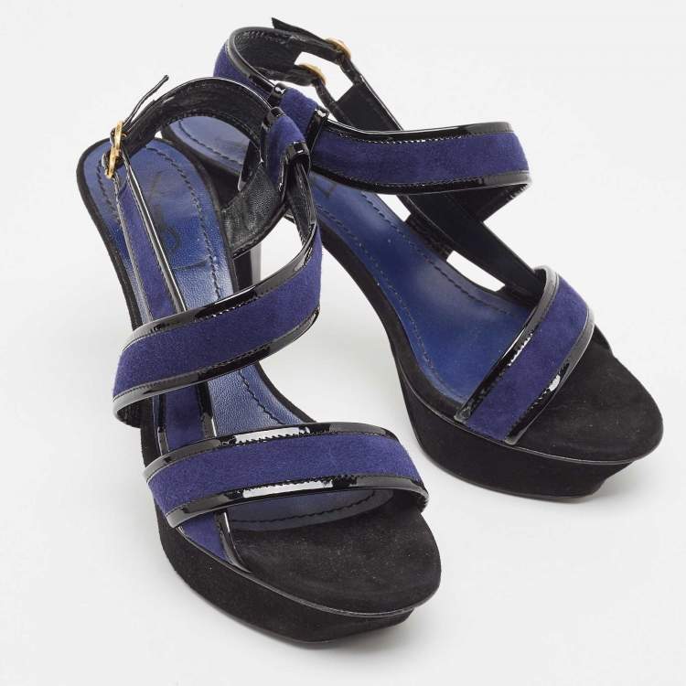 Pre Owned Saint Laurent Navy Blue/Patent Leather Platform Ankle Strap Sandals Size 37.5
