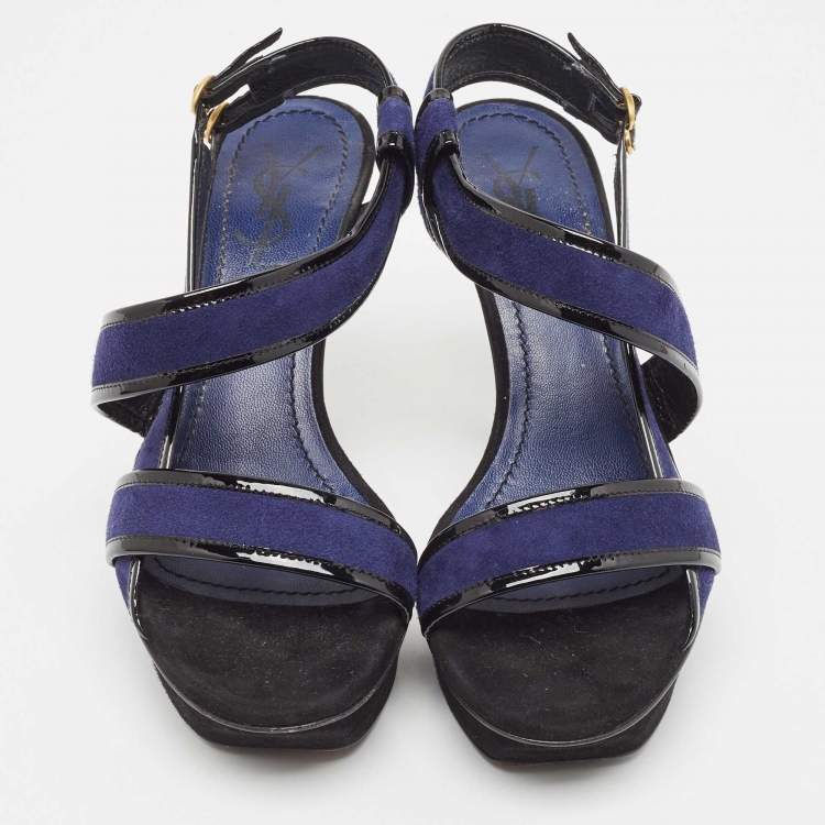 Pre Owned Saint Laurent Navy Blue/Patent Leather Platform Ankle Strap Sandals Size 37.5
