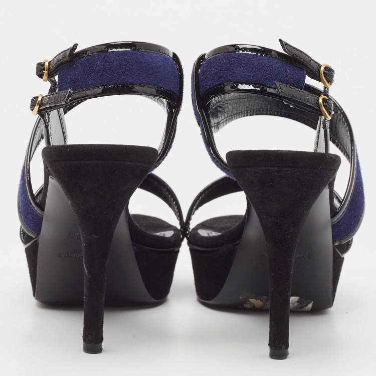 Pre Owned Saint Laurent Navy Blue/Patent Leather Platform Ankle Strap Sandals Size 37.5