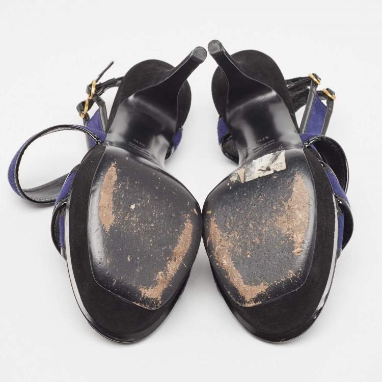 Pre Owned Saint Laurent Navy Blue/Patent Leather Platform Ankle Strap Sandals Size 37.5