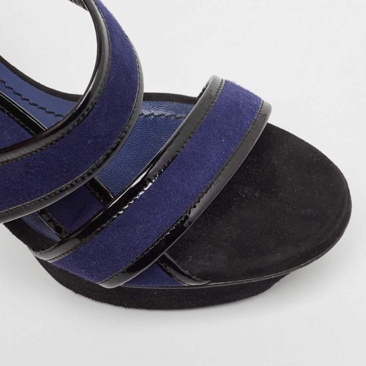 Pre Owned Saint Laurent Navy Blue/Patent Leather Platform Ankle Strap Sandals Size 37.5