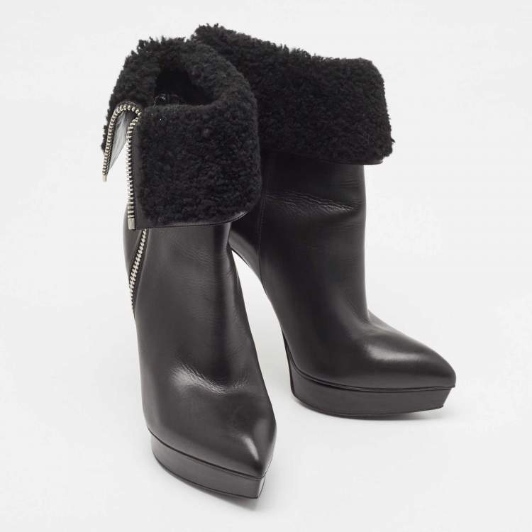Pre Owned Saint Laurent Black Leather and Shearling Fur Ankle Boots Size 37.5