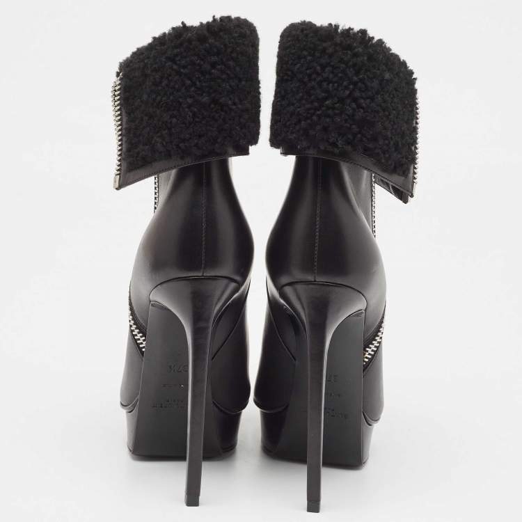 Pre Owned Saint Laurent Black Leather and Shearling Fur Ankle Boots Size 37.5