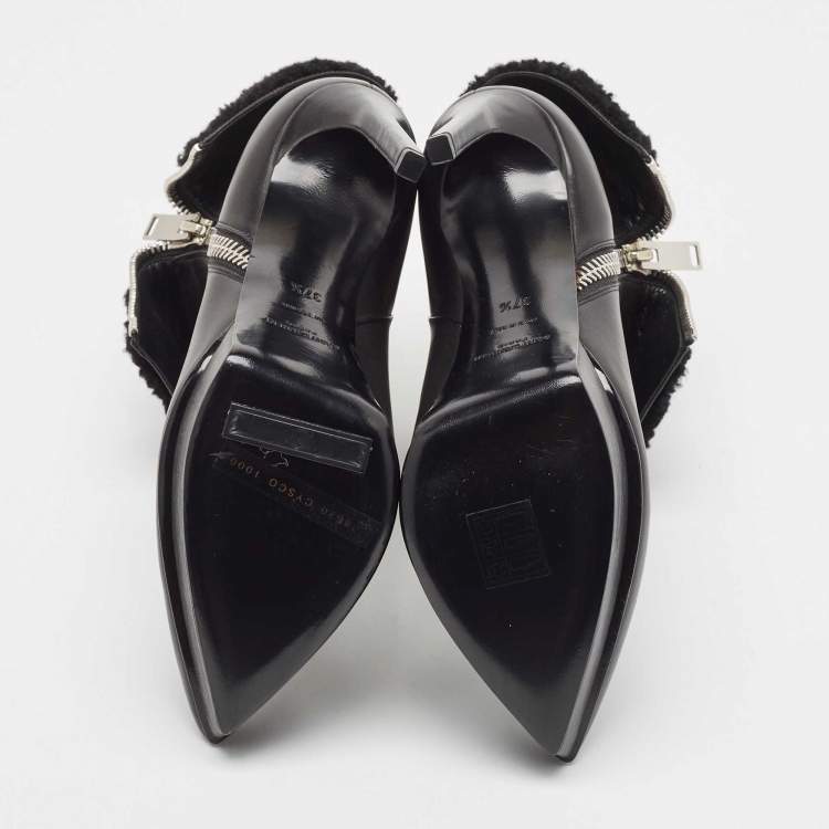 Pre Owned Saint Laurent Black Leather and Shearling Fur Ankle Boots Size 37.5