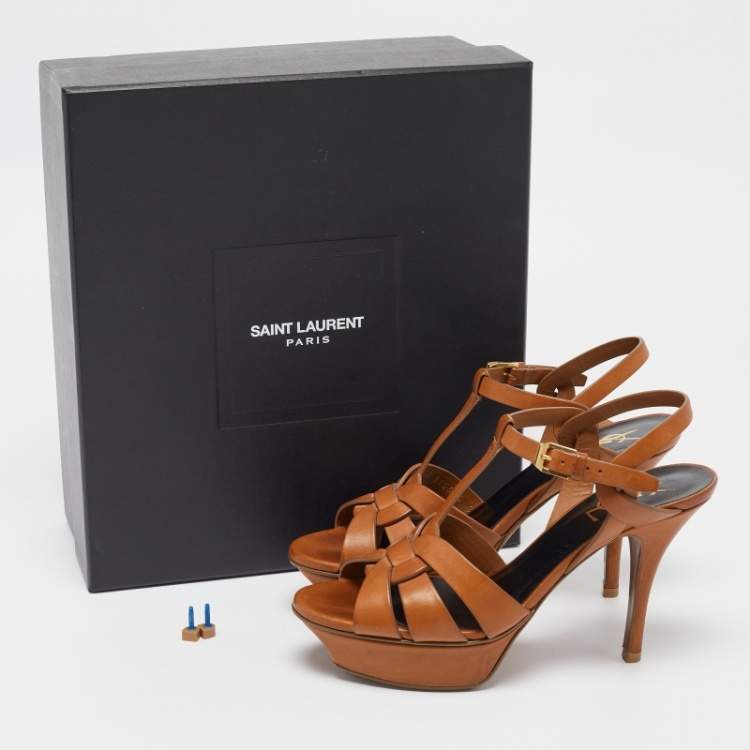 مملوكة مسبقًا Saint Laurent Brown Leather Tribute Sandals Size 36.5