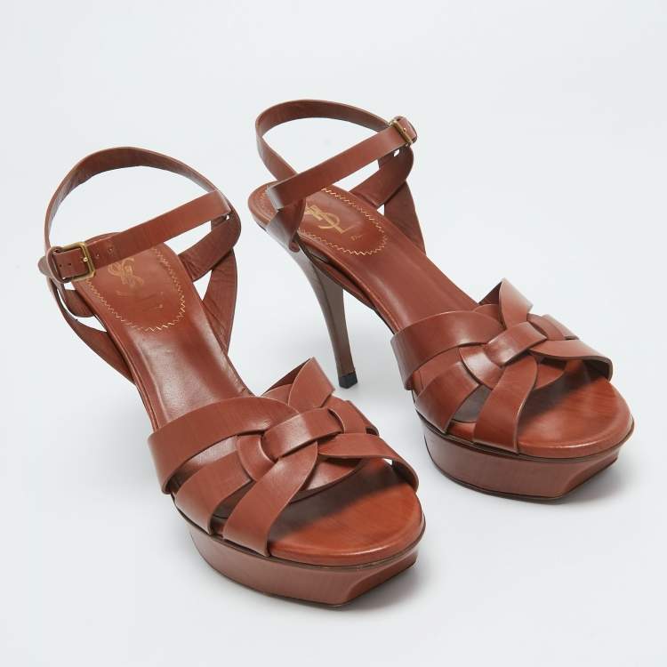 Pre Owned Saint Laurent Brown Leather Tribute Platform Sandals Size 39