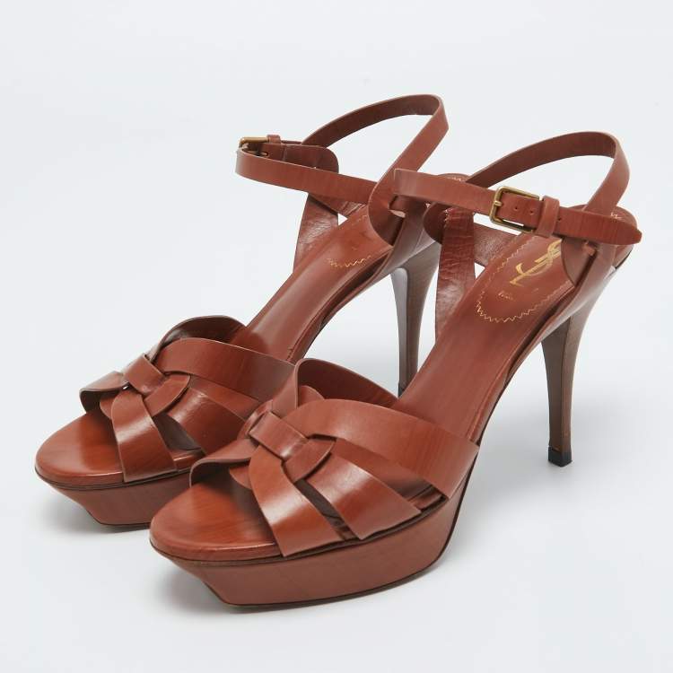 Pre Owned Saint Laurent Brown Leather Tribute Platform Sandals Size 39