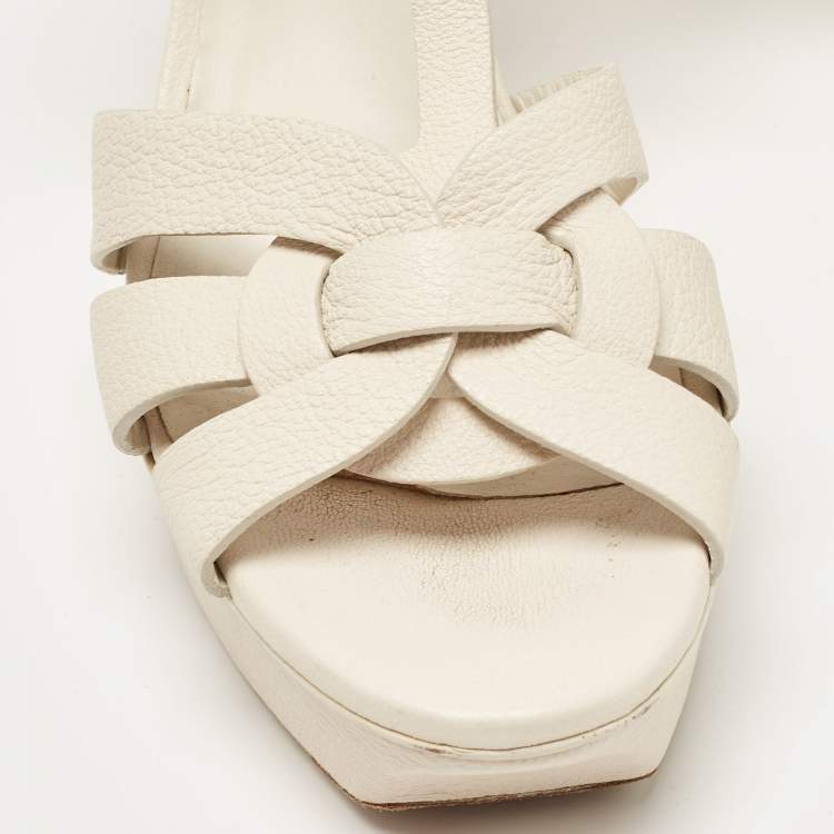 Pre Owned Saint Laurent Cream Leather Tribute Ankle Sandals Size 38.5