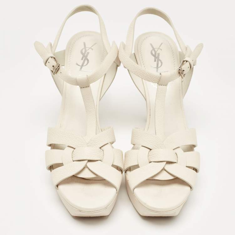 Pre Owned Saint Laurent Cream Leather Tribute Ankle Sandals Size 38.5
