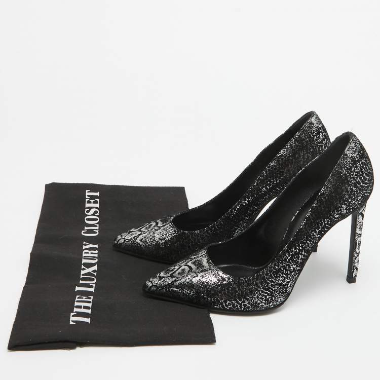 Pre Owned Saint Laurent Black/Silver Laminated Suede Pointed Toe Pumps Size 38