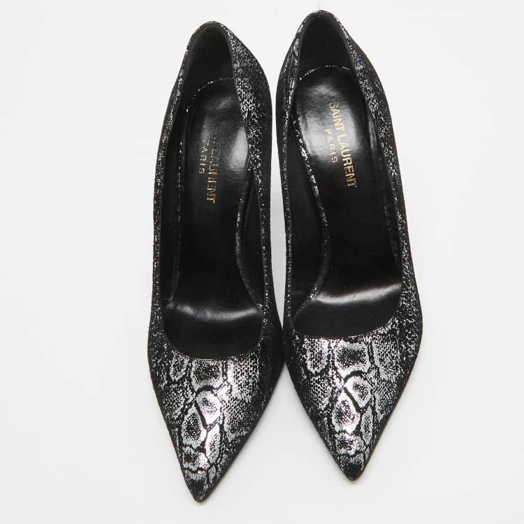 Pre Owned Saint Laurent Black/Silver Laminated Suede Pointed Toe Pumps Size 38
