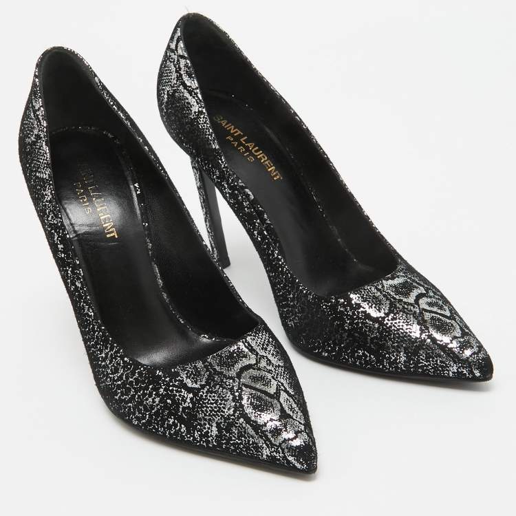 Pre Owned Saint Laurent Black/Silver Laminated Suede Pointed Toe Pumps Size 38