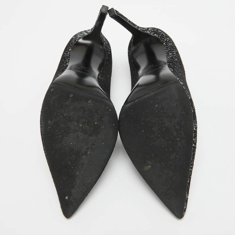 Pre Owned Saint Laurent Black/Silver Laminated Suede Pointed Toe Pumps Size 38