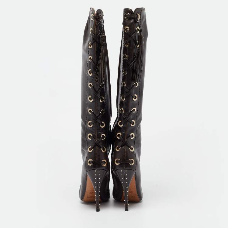 Pre Owned Yves Saint Laurent Brown Leather  Lace Up Midcalf Boots Size 37.5