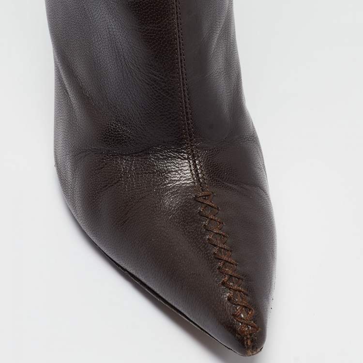 Pre Owned Yves Saint Laurent Brown Leather  Lace Up Midcalf Boots Size 37.5