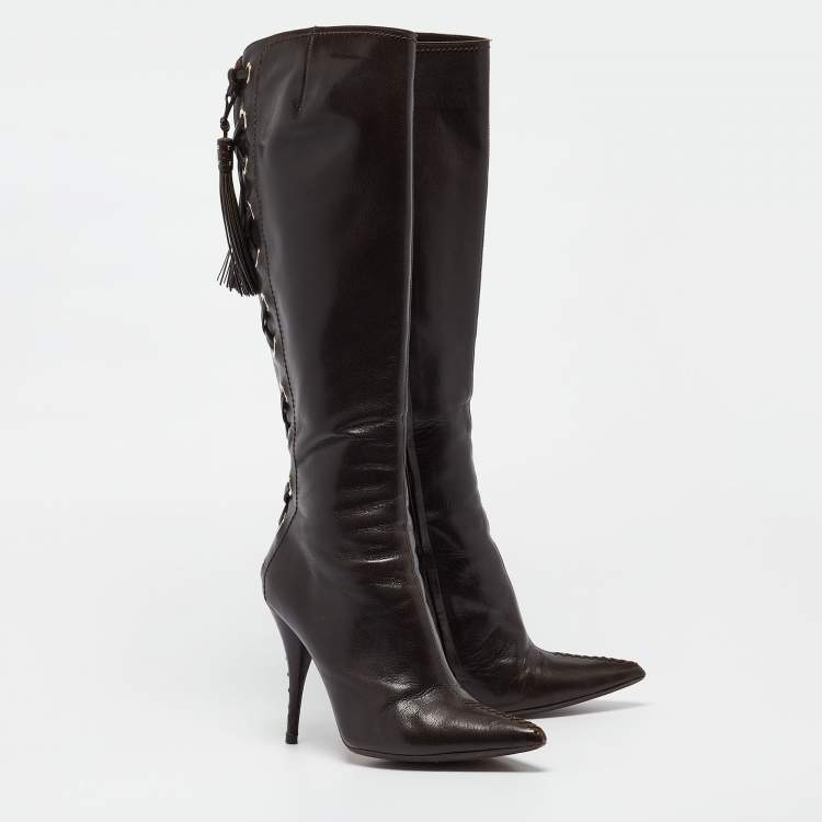 Pre Owned Yves Saint Laurent Brown Leather  Lace Up Midcalf Boots Size 37.5