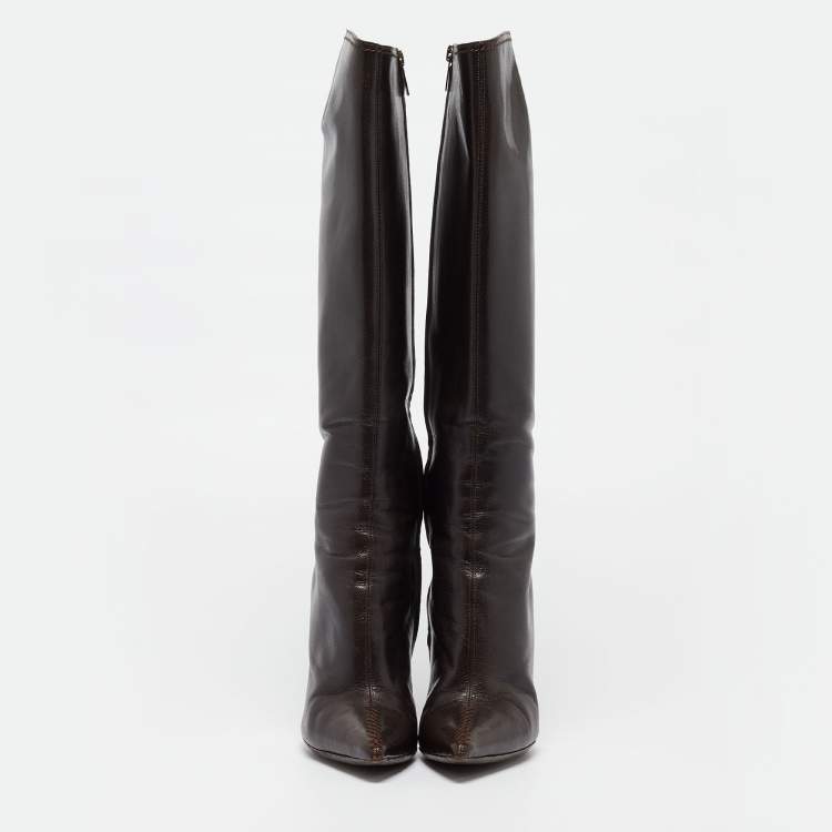 Pre Owned Yves Saint Laurent Brown Leather  Lace Up Midcalf Boots Size 37.5