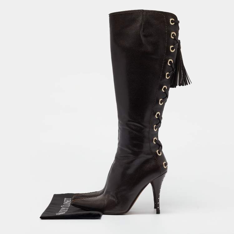 Pre Owned Yves Saint Laurent Brown Leather  Lace Up Midcalf Boots Size 37.5