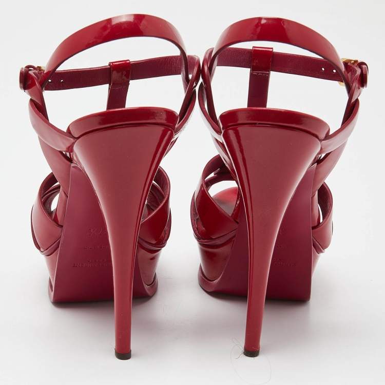 Pre Owned Saint Laurent Fushia Patent Leather Tribute Platform Sandals Size 37.5