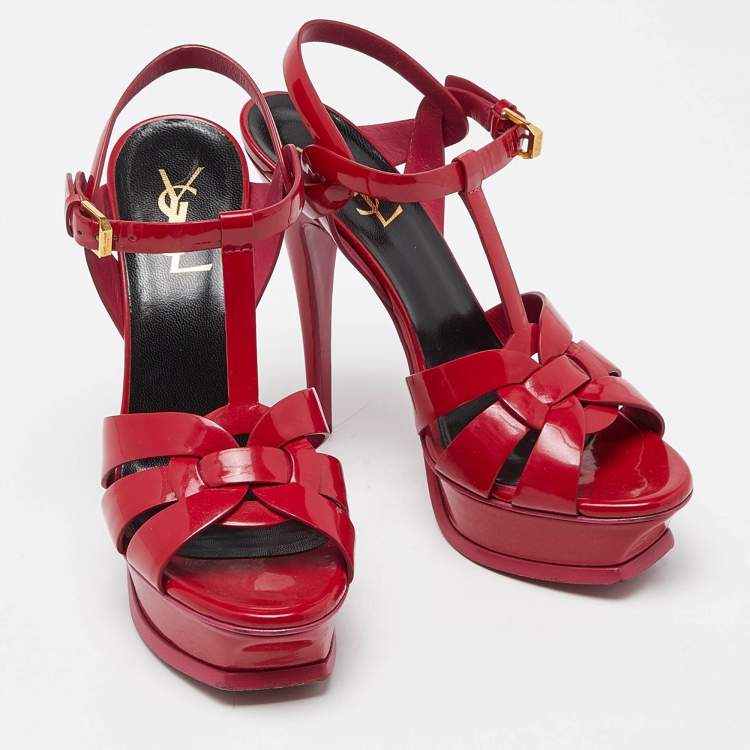 Pre Owned Saint Laurent Fushia Patent Leather Tribute Platform Sandals Size 37.5