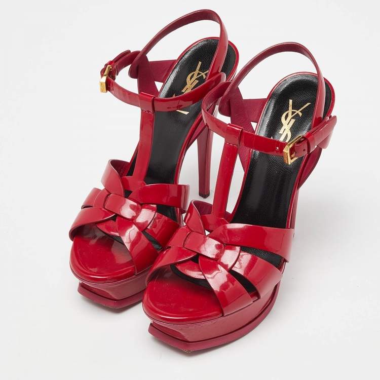 Pre Owned Saint Laurent Fushia Patent Leather Tribute Platform Sandals Size 37.5